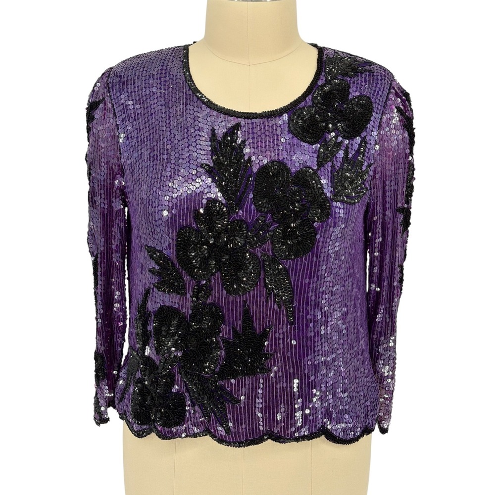 Royal Feelings Sequin Top Purple Black Floral 100% Silk Vintage Size 1X 16-18